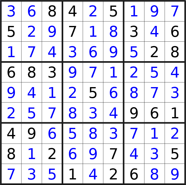 Sudoku solution for puzzle published on Sunday, 19th of May 2024