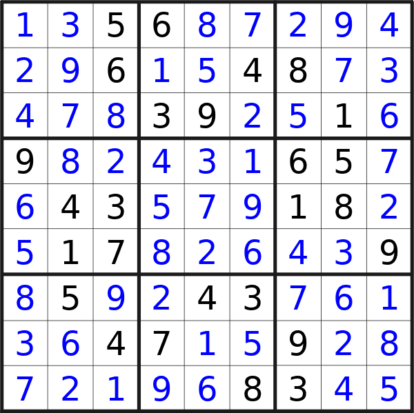 Sudoku solution for puzzle published on Saturday, 31st of August 2024